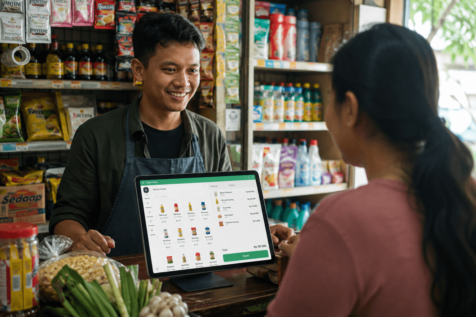 Pemilik toko kelontong melayani pembeli memakai aplikasi kasir Larizin di tablet.