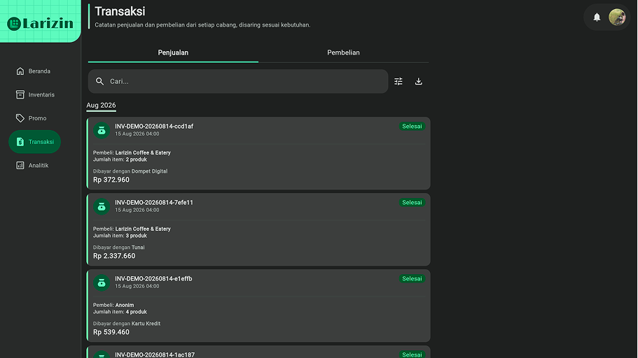 Tampilan laporan transaksi Larizin dengan filter status dan pembayaran